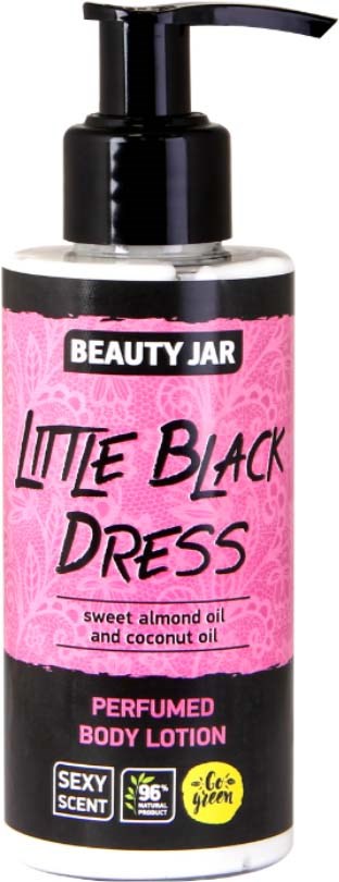 En flaska märkt 'Beauty Jar Little Black Dress' med rosa och svart design, innehåller parfym kroppslotion.
