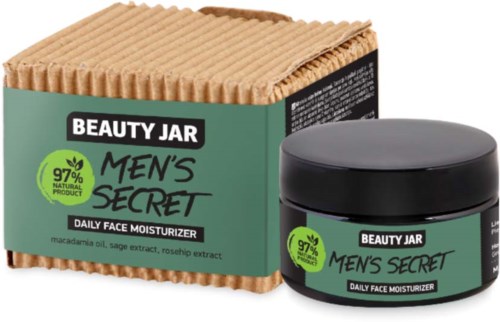 En grøn beholder og en matchende æske indeholder herreseaskecreme med naturlige ingredienser, viser 97 % naturligt indhold.