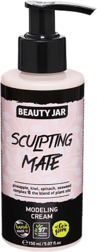 En lotionflaske med pump mærket 'Beauty Jar Sculpting Map', indeholder modellingscreme til hudpleje.