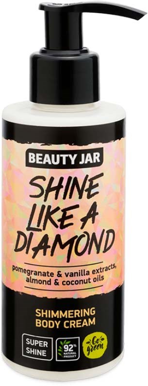 Biała butelka z czarnym dozownikiem oznaczona 'Beauty Jar Shine Like a Diamond' zgranatem, wanilią, migdałami i olejami kokosowymi.