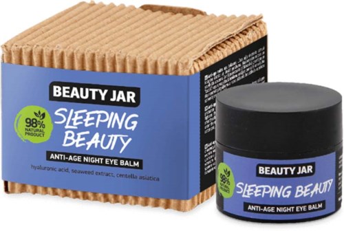 Słoik i pudełko oznaczone 'Sleeping Beauty' balsam na noc z naturalnymi składnikami, przeznaczony do walki z starzeniem się skóry.
