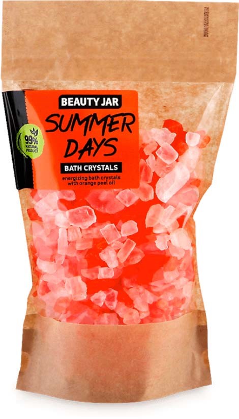 A bag of bath crystals labeled 'Summer Days' by Beauty Jar, showing pink and white crystals inside.