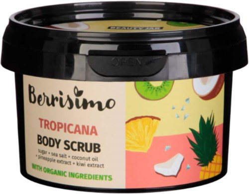Ruukkua trooppisilla hedelmäkuvilla ja kirkkaita värejä, nimeltään 'Berryismo Tropicana Body Scrub' ja sisältää luomuraaka-aineita.