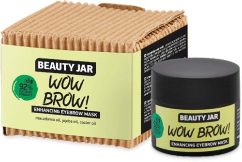 En krukke med svart lokk og en eske, begge merket "Beauty Jar Wow Brow!" for øyenbrynpleie, på hvit bakgrunn.