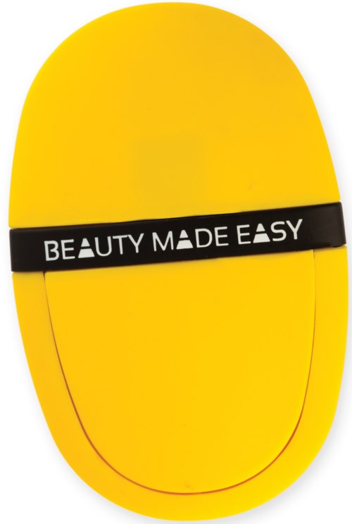 Gult ovalformat behållare med en svart band som säger "Beauty Made Easy."