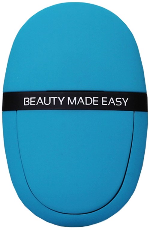 En blå ovalformad enhet med en svart band som säger "BEAUTY MADE EASY."