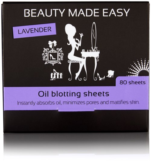 Lila doftolja blottningspapper som absorberar olja och minskar porer för en matt finish.