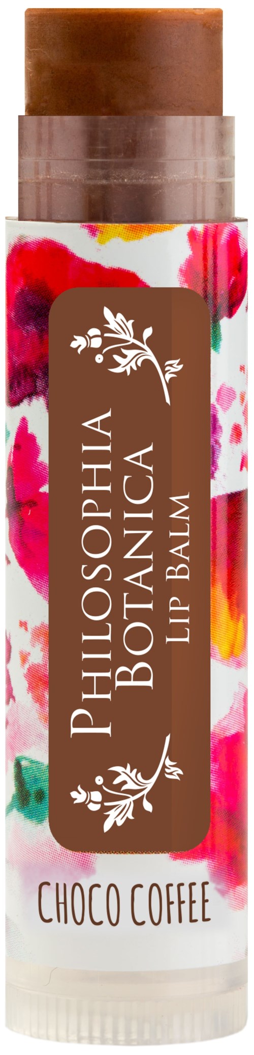 Läppbalsam med blommönster, märkt som 'Philosophia Botanica Lip Balm' i smaken 'Choco Coffee.'