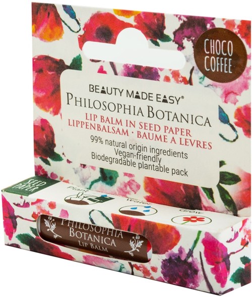Färgglad blomsterförpackning för ett veganskt, biologiskt nedbrytbart läppbalsam med naturliga ingredienser, i ett fröpapper.