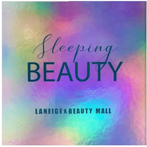 Logotypen har regnbågsfärger med orden "Sleeping Beauty" och "Laneige x Beauty Mall" i stiliga typsnitt.