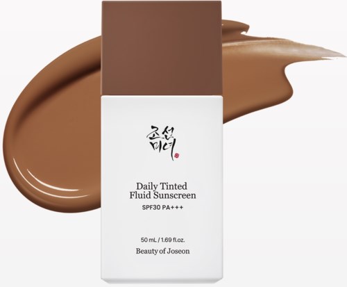 A bottle of tinted facial sunscreen with SPF30, surrounded by swirls of brown and white lotion.