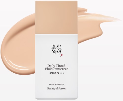 A sunscreen bottle with a beige cap and white label, showing Korean writing, SPF 30, PA+++ protection, and 50 ml content.