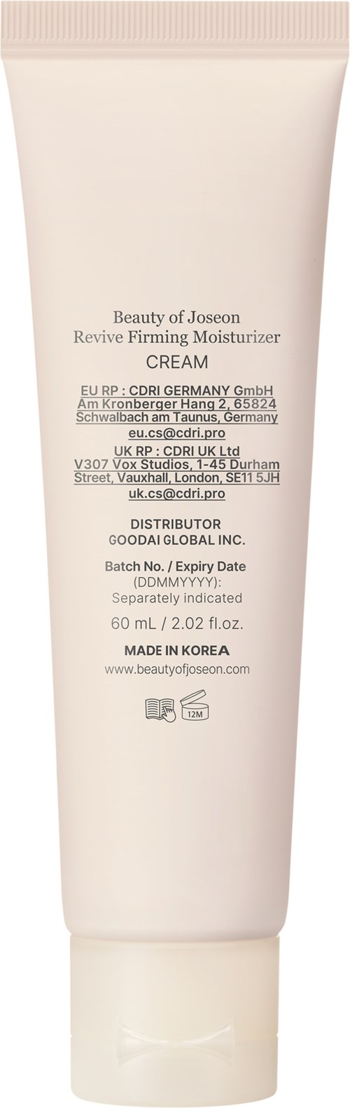 Valkoinen voideputki, jossa mustaa tekstiä, nimeltä Revive Firming Moisturizer Cream, valmistettu Koreassa.