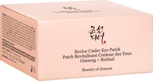 Rosa eske med svart og rød tekst for Revive Under Eye Patch med Ginseng og Retinal, av Beauty of Joseon.