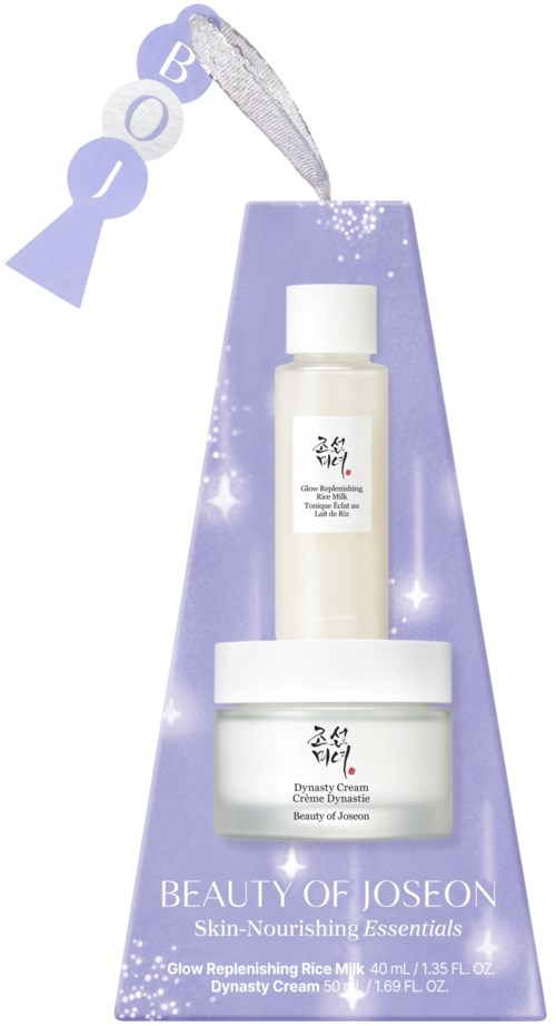 Beauty of Joseon Hautpflegeprodukte mit lila Verpackung und Abschlussdekorationen, inklusive kleinem Glas und Flasche.