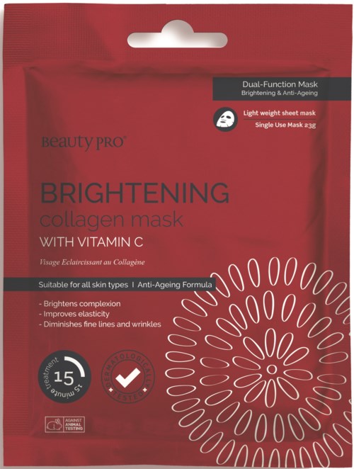 Rød emballasje for en kollagenmaske med vitamin C, med hvit blomsterdesign og tekst om fordelene.