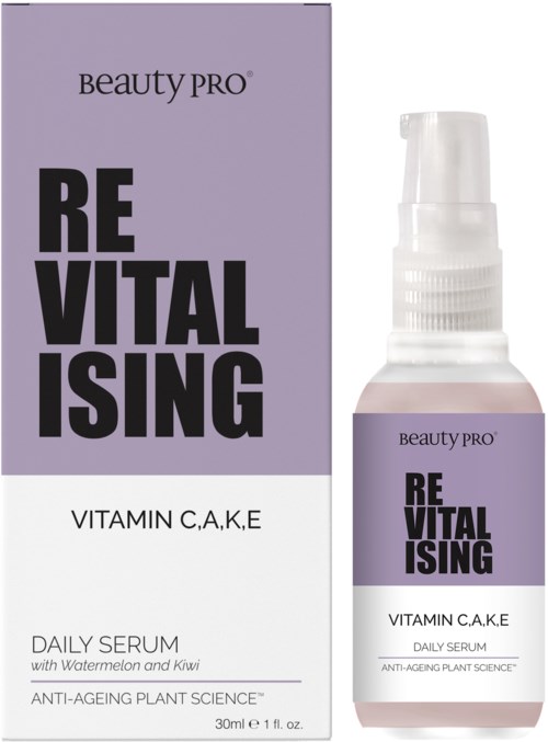 Hudvårdsprodukt märkt 'REVITALISING' av Beauty Pro, i lila och vitt förpackning, med pumpflaska för daglig serum.