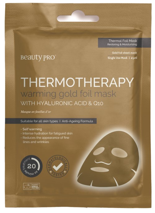 En gullfarget ansiktsmaskepakkel merket Thermotherapy, med en maskeillustrasjon, som nevner at den varmer og hydrerer huden.