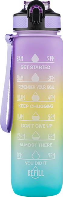 A colorful water bottle with motivational time markers and messages, including "Get Started" and "Refill."