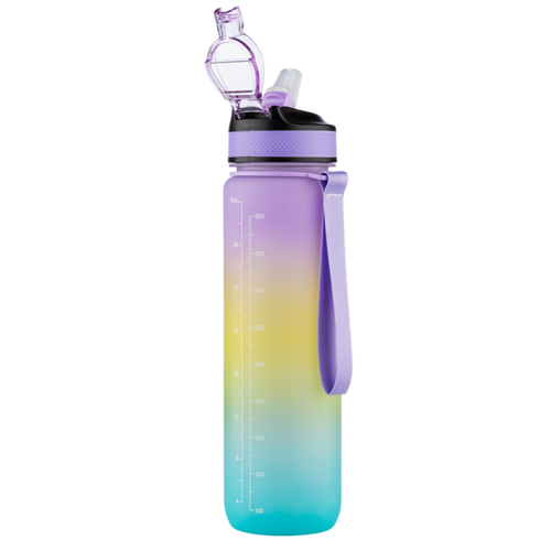 A purple water bottle with a flip cap, gradient colors from yellow to blue, and a strap attached.