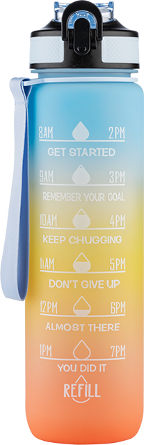 A colorful water bottle with a motivational time-based reminder chart and a strap attached.