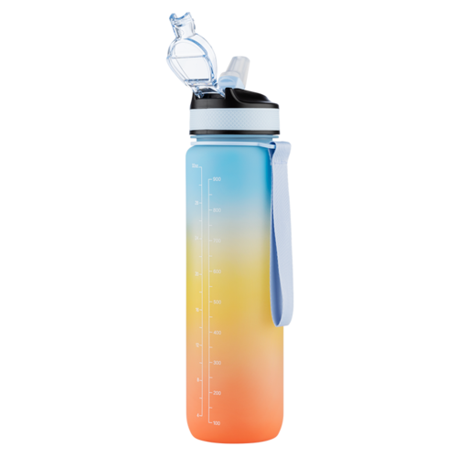 A colorful water bottle with a black lid, clear straw, and gradient design from yellow to orange and red.