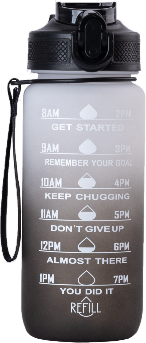 A gray water bottle with motivational time markers, symbols, and inspiring phrases to encourage hydration.