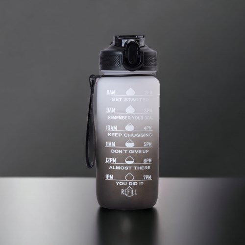 A black water bottle features motivational times and messages across its surface designed to inspire. MDFU logo at the top.