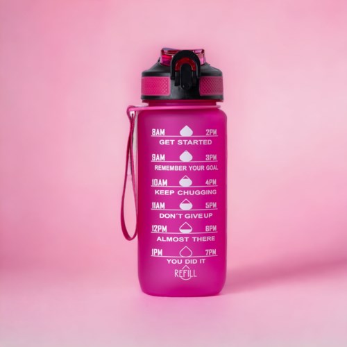 Pink water bottle with motivational messages and a time schedule, on a pink background.
