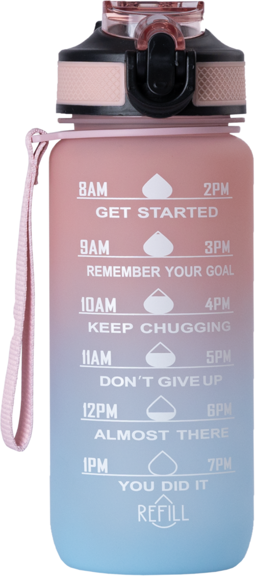A pink water bottle with motivational time-based reminders and a carrying strap.