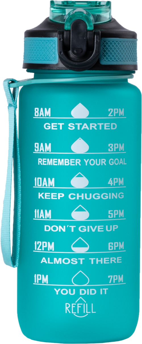 A blue water bottle with daily motivational times and messages printed on it, including reminders to start, keep going, and not give up.