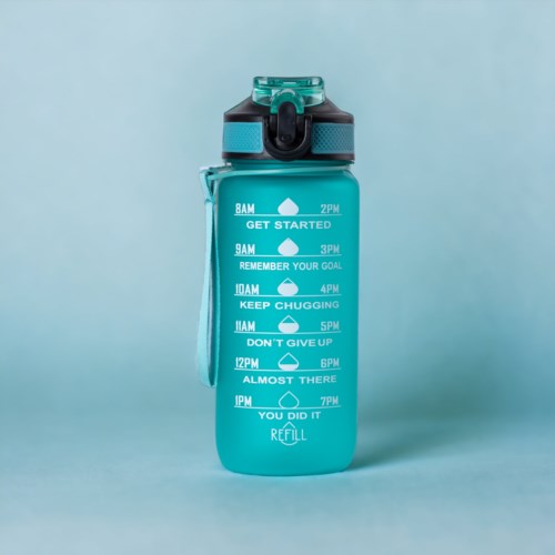 A blue water bottle with motivational times and phrases for drinking water throughout the day.