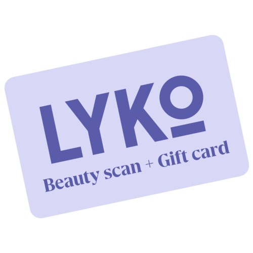 Et LYKO gavekort med en skjønnhetsskanning og tekst på lys lilla bakgrunn.