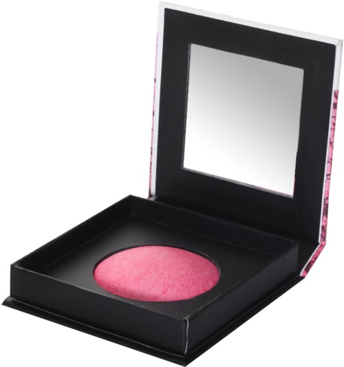 Ett kompakt sminkreflexion med rosa blush inuti, svart fodral och en spegel.