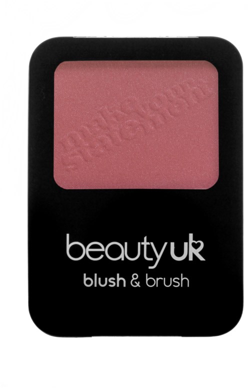 En rosa rouge i en svart förpackning med vitt text som säger 'beauty UK blush & brush'.