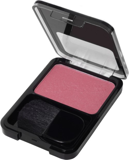 En rosa blush och en svart borste inuti en liten, öppen sminkbehållare med spegel.