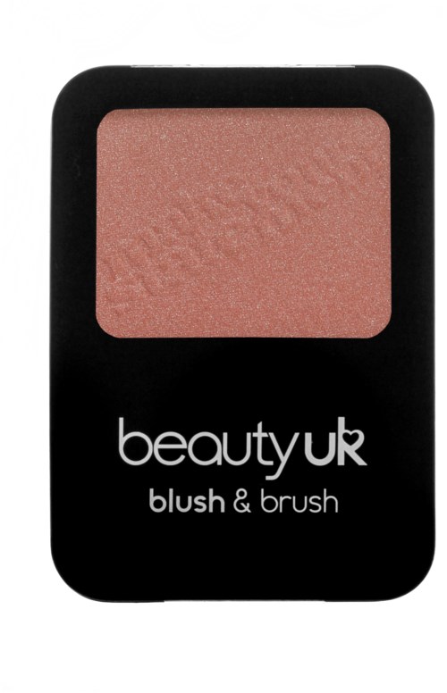 En rougekompakt med rosa puder i svart förpackning märkt 'beauty UK blush & brush'.