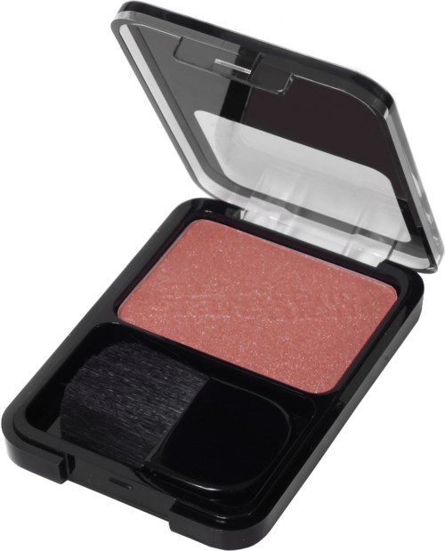 Ett rougekompakt med rosa puder och en liten borste i ett svart fodral.