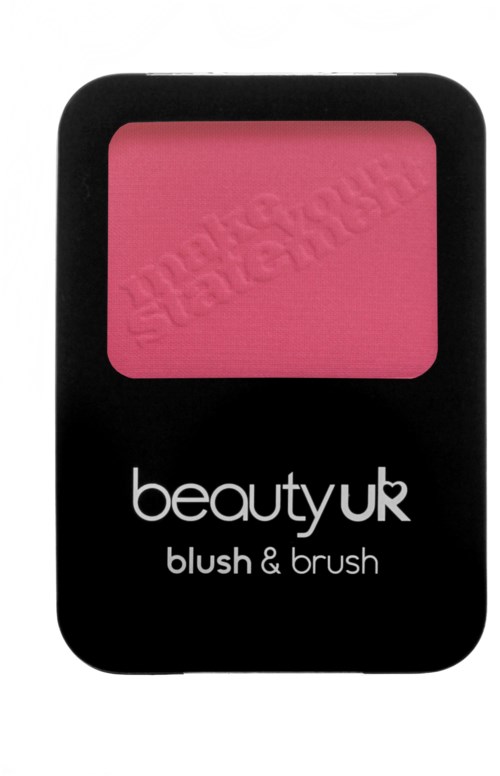 En rosa blush i en svart förpackning märkt 'beauty uk blush & brush'.