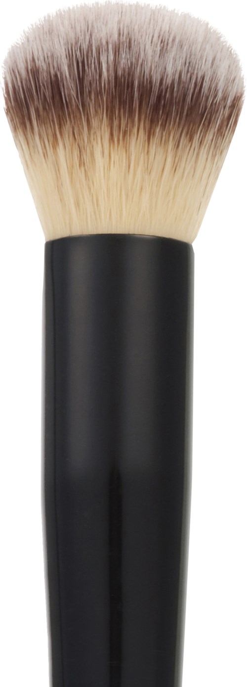 Ein Make-up-Pinsel mit dunklem Griff und weichen, hellen Borsten.