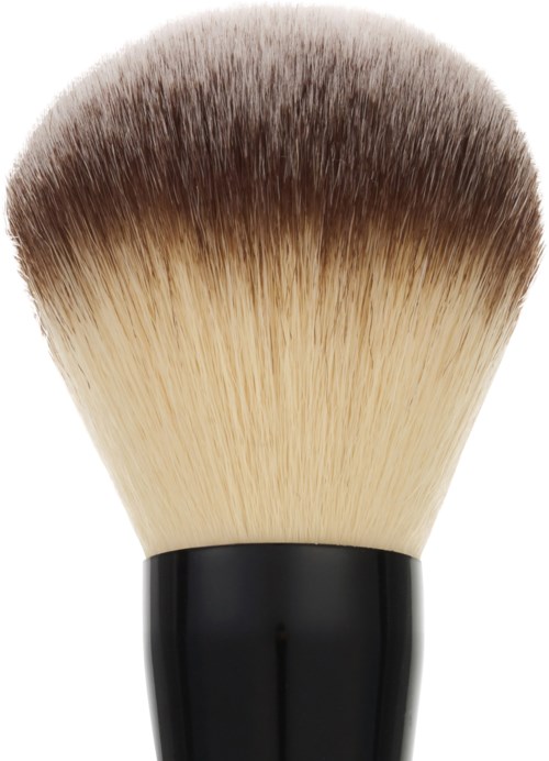 Ein Make-up-Pinsel mit schwarzem Griff und weichen, flauschigen Borsten, die oben dunkel und unten hell sind.