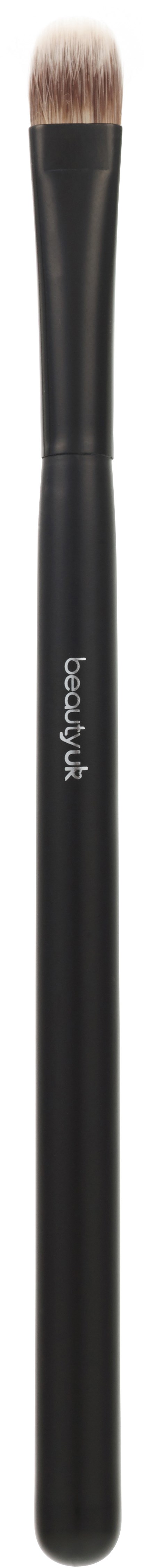 En makeuppensel med svart handtag och vita toppar. Den är rak och har en enkel design.