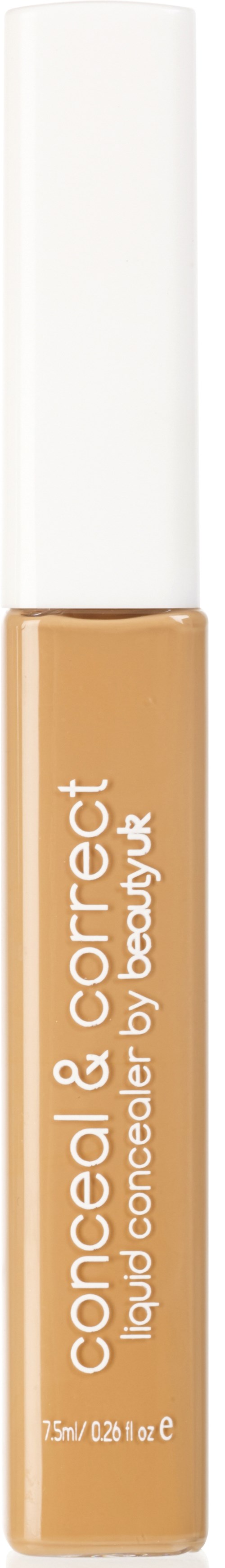 Een beige vloeibare concealer in een kleine tube met een witte dop, gemarkeerd 'correct & concealc' door Beauty UK.