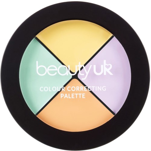 Färgpalett med gula, lila, persika och gröna sektioner och ordet 'beauty uk' i mitten.