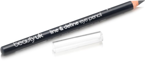 En svart ögonpennor med lock, märkt 'beauty VR line & define eye pencil,' och en tydlig hatt.