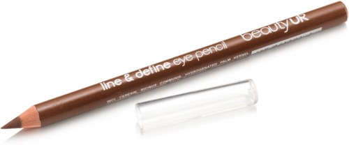 En brun penna märkt "line & define eye pencil" med ett tydligt lock och svart bakgrund.