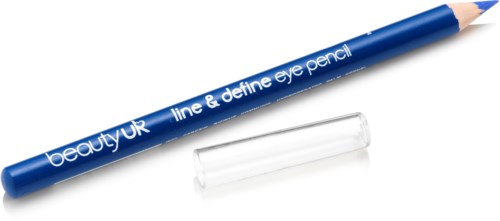 Blå ögonpenna med tydligt plastlock, märkt 'beautyUR line & define eye pencil.'
