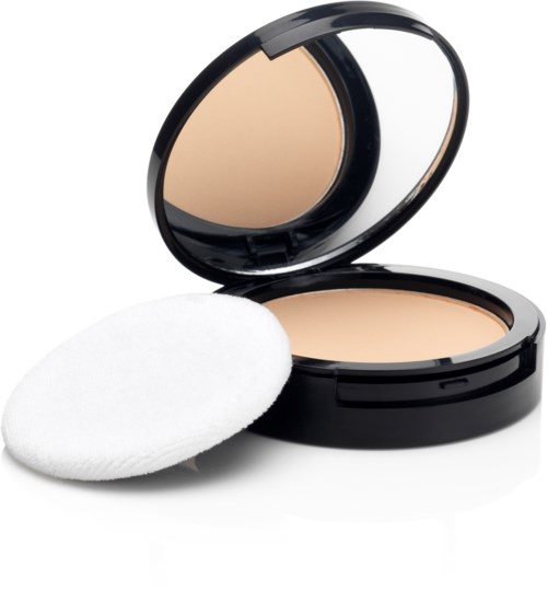 En kosmetik med beige pudder, åben med et spejl og en hvid svamp