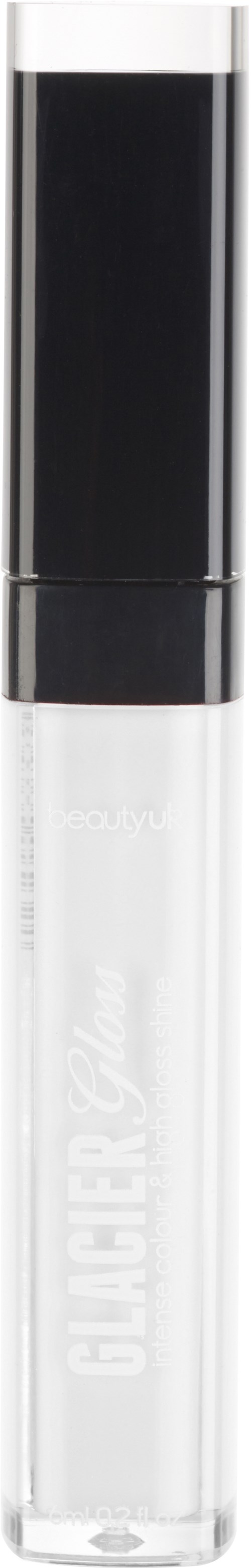 A clear lip gloss tube with a black cap and a transparent body showing the gloss inside.