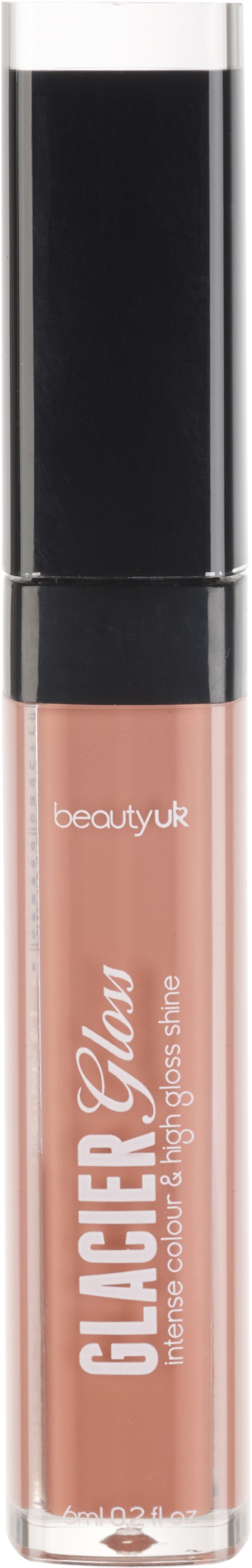 A lip gloss tube with a clear bottom showing beige lipstick inside and a black cap.
